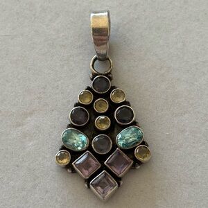 Vintage 925 Sterling Silver Jewel Tones Bezel Set Gems Cluster Statement Pendant